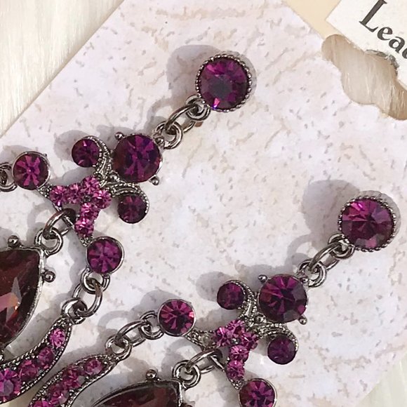 Rhinestone Jeweled Long Teardrop Dangle Earrings Purple Dressy Post Drops NWT - Picture 3 of 4